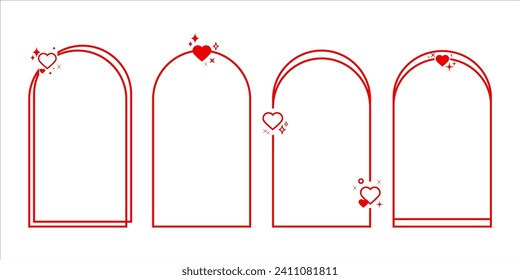 Colección moderna de marcos de arco. Borde a la moda al estilo boho. Arco geométrico estético rojo con elementos cardíacos. Borde de arte retro futurista para medios sociales. Marcos lineales geométricos. Día de San Valentín