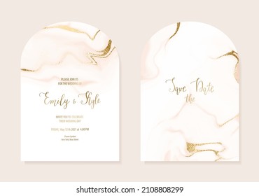 Modern arch invitation cards design with gold glitter texture.