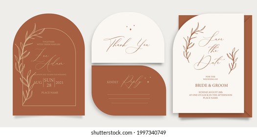 Modern arch shape wedding invitation, burnt orange wedding invitation template with branches, wreaths,and handmade calligraphy