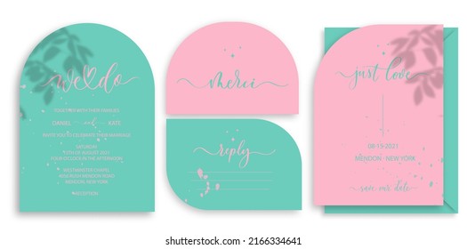 Modern arch wedding invitation template, arch shape with tropical leaf shadow and trend color pink and turquoise