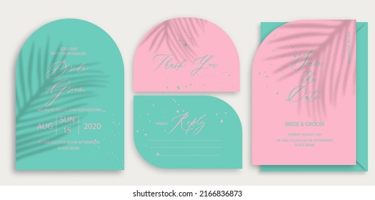 Modern arch wedding invitation template, arch shape with tropical leaf shadow and trend color pink and turquoise