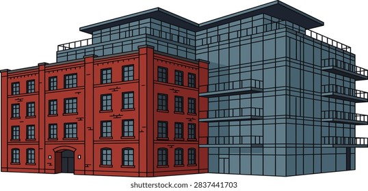 A modern architectural building featuring a mix of vintage red brick and contemporary glass structure