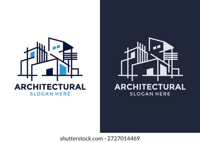 Diseño moderno del logotipo del edificio arquitectónico, silueta del rascacielos del arte de la línea del plano, construcción profesional e icono de la ingeniería civil, marca urbana minimalista de la estructura para el estudio de arquitectura