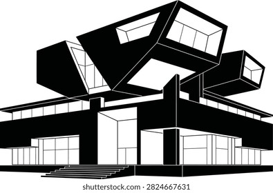 A modern architectural concept featuring a futuristic art museum with sleek geometric lines, vibrant colorful accents, and innovative structural design elements in a contemporary urban setting.