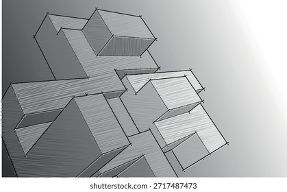 Boceto de concepto arquitectónico moderno con volúmenes superpuestos