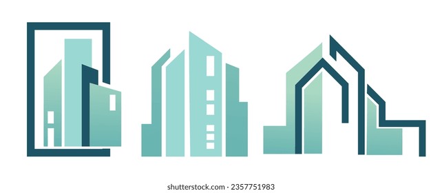 Diseño arquitectónico moderno de paisajes urbanos, aislado icono del edificio inmobiliario para agencia. Casas y estructuras con bordes y ventanas. Apartamentos y viviendas para personas. Vector de estilo plano