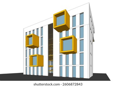 Modern architectural facade with geometric cube balconies, white building with yellow elements