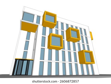 Modern architectural facade with geometric cube balconies, white building with yellow elements