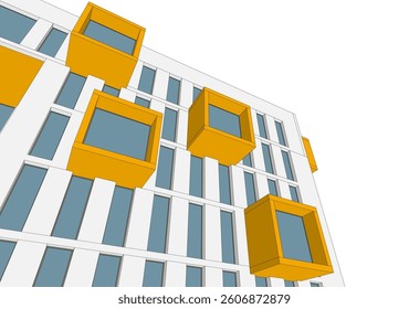 Modern architectural facade with geometric cube balconies, white building with yellow elements
