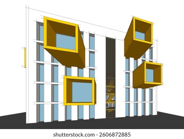 Modern architectural facade with geometric cube balconies, white building with yellow elements