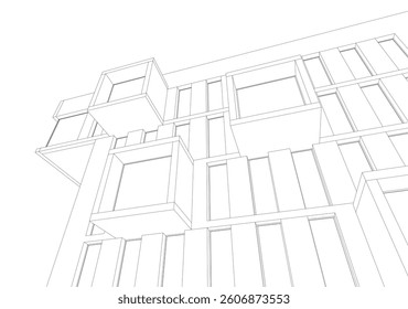 Modern architectural facade with geometric cube balconies, white building with cube elements