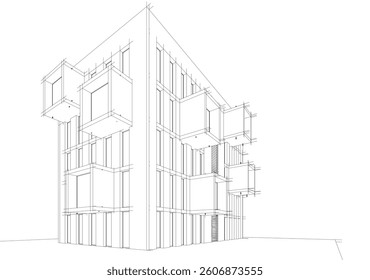 Modern architectural facade with geometric cube balconies, white building with cube elements