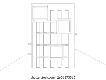 Modern architectural facade with geometric cube balconies, white building with cube elements