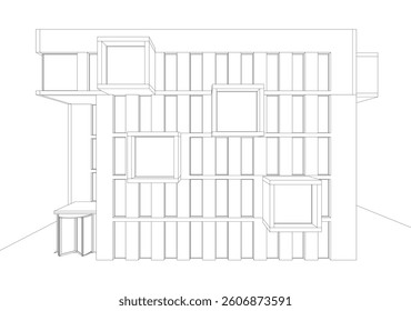 Modern architectural facade with geometric cube balconies, white building with cube elements