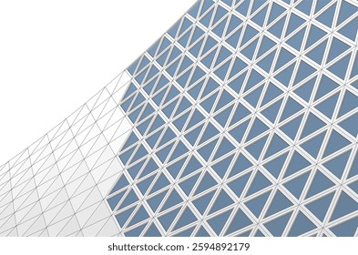 Modern Architectural Facade with Geometric Triangular Grid Pattern – 3D Render of Futuristic Building Structure