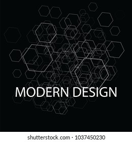 Modern architectural hexagon design. Monochrome geometric figures and letters on black background. Vector illustration.