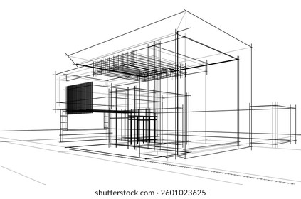Modern Architectural Linear Wireframe 3d Sketch