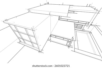 Modern Architectural Linear Wireframe 3d Sketch