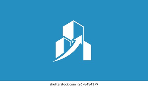 Diseño de logotipo arquitectónico moderno, con un edificio estilizado con una flecha hacia arriba, que simboliza el crecimiento y el desarrollo en la industria de la construcción.