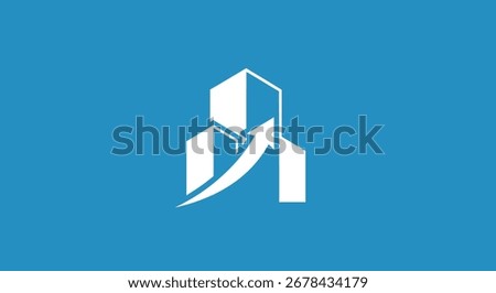 Modern architectural logo design, featuring a stylized building with an upward arrow, symbolizing growth and development in the construction industry.