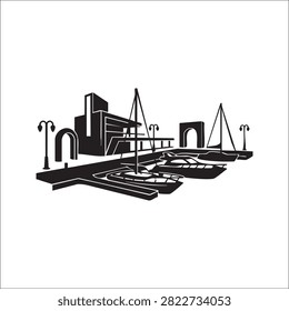 Modern architectural marina scene featuring luxurious motor boats docked at geometric pier with stylish arch structures and street lamps. Ideal for high end real estate branding nautical lifestyle design concepts luxury resort marketing and contemporary maritime graphics on white background.