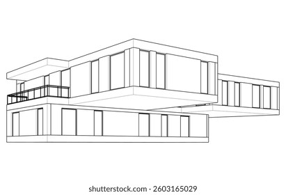 Modern Architectural Sketch - Abstract Residential Building - Wireframe Perspective - Vector Illustration