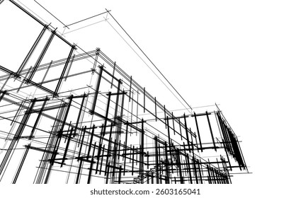 Modern Architectural Sketch - Abstract Residential Building - Wireframe Perspective - Vector Illustration