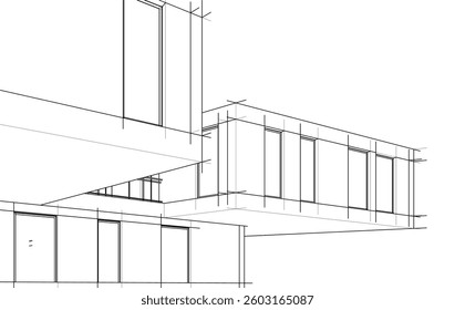 Modern Architectural Sketch - Abstract Residential Building - Wireframe Perspective - Vector Illustration