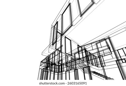 Modern Architectural Sketch - Abstract Residential Building - Wireframe Perspective - Vector Illustration