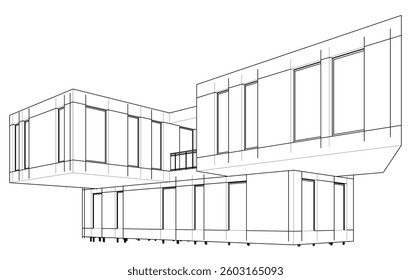 Modern Architectural Sketch - Abstract Residential Building - Wireframe Perspective - Vector Illustration