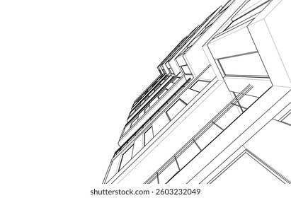 Modern Architectural Sketch - Abstract Residential Building - Wireframe Perspective - Vector Illustration