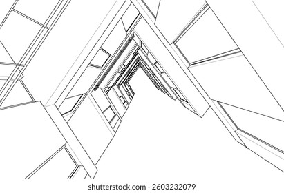 Modern Architectural Sketch - Abstract Residential Building - Wireframe Perspective - Vector Illustration