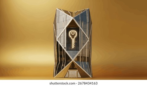 Uma estrutura arquitetônica moderna com um símbolo chave, representando acesso e segurança, em um design geométrico.