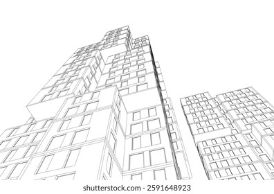  Modern Architectural Wireframe. Futuristic building perspective