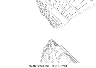  Modern Architectural Wireframe. Futuristic building perspective