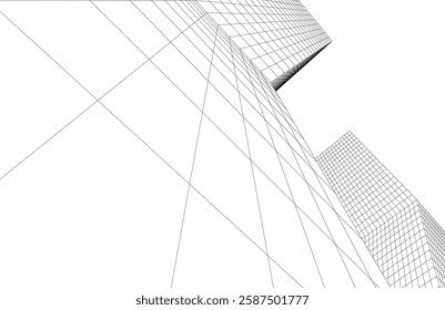 Modern Architectural Wireframe. Futuristic Skyscraper Perspective