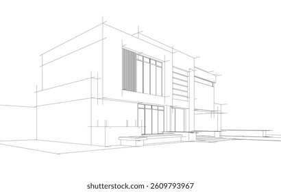 Modern Architectural Wireframe Sketch –  3d rendering Blueprint of Contemporary Building