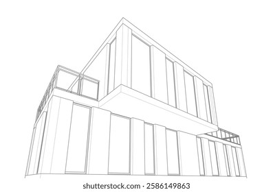 Modern Architectural Wireframe Sketch – Vector Blueprint of Contemporary Building