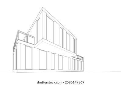 Modern Architectural Wireframe Sketch – Vector Blueprint of Contemporary Building