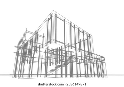 Modern Architectural Wireframe Sketch – Vector Blueprint of Contemporary Building