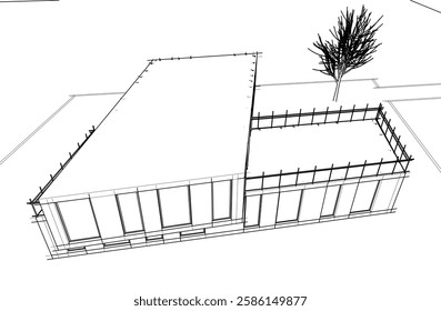 Modern Architectural Wireframe Sketch – Vector Blueprint of Contemporary Building