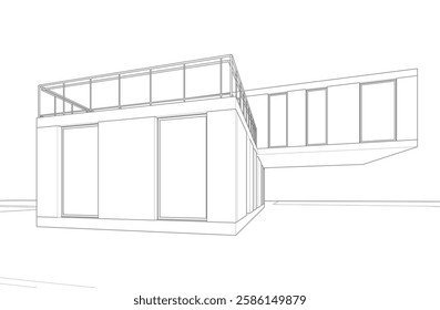 Modern Architectural Wireframe Sketch – Vector Blueprint of Contemporary Building