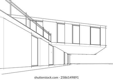 Modern Architectural Wireframe Sketch – Vector Blueprint of Contemporary Building