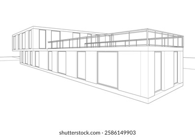 Modern Architectural Wireframe Sketch – Vector Blueprint of Contemporary Building