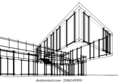Modern Architectural Wireframe Sketch – Vector Blueprint of Contemporary Building