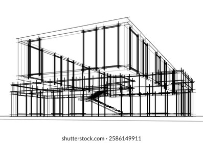 Modern Architectural Wireframe Sketch – Vector Blueprint of Contemporary Building