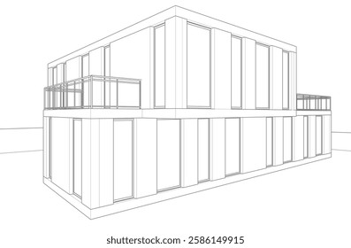 Modern Architectural Wireframe Sketch – Vector Blueprint of Contemporary Building