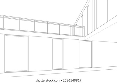 Modern Architectural Wireframe Sketch – Vector Blueprint of Contemporary Building