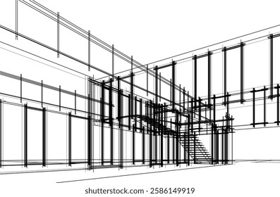 Modern Architectural Wireframe Sketch – Vector Blueprint of Contemporary Building