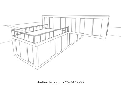 Modern Architectural Wireframe Sketch – Vector Blueprint of Contemporary Building